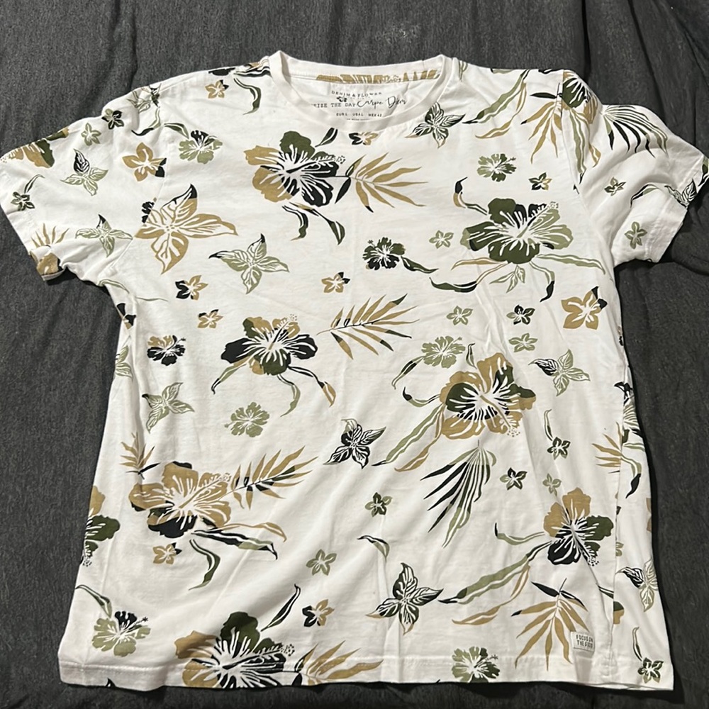 L Denim&Flower Floral T Shirt